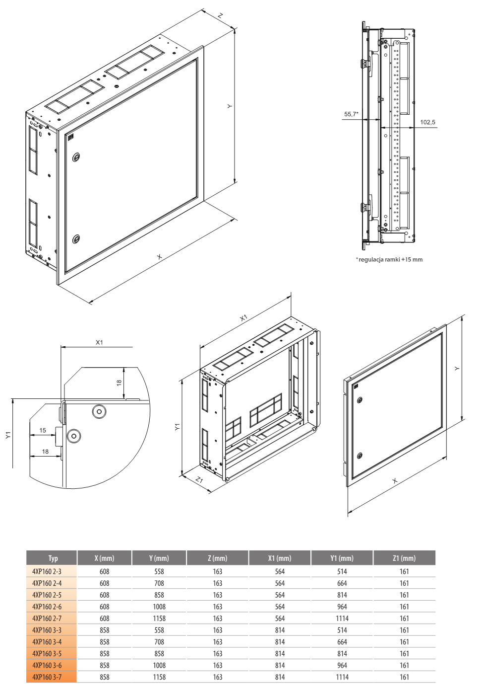 Obudowa pusta 7x36 podtynkowa IP42 kl.I szara 860x1160x160mm